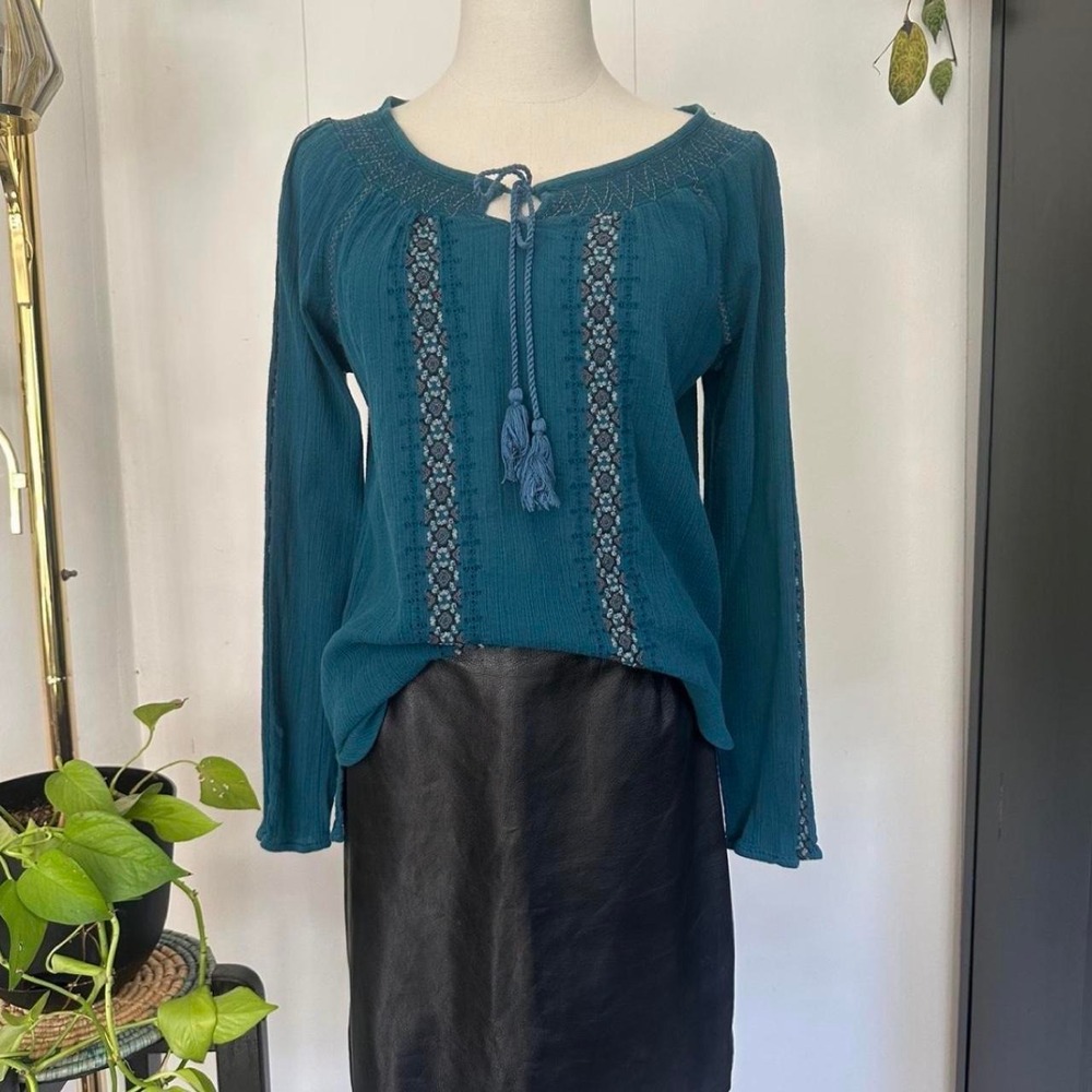 Vintage Teal Blue Embroidered Floral Boho Tie Neck Tassel Blouse Top L